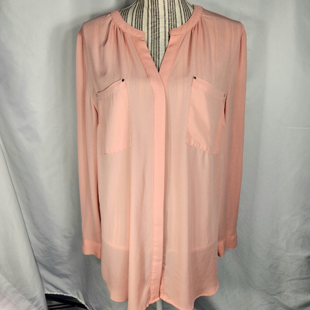Apt. 9 Orange V Neck Hidden Button Down Long Sleeve Top Size Large